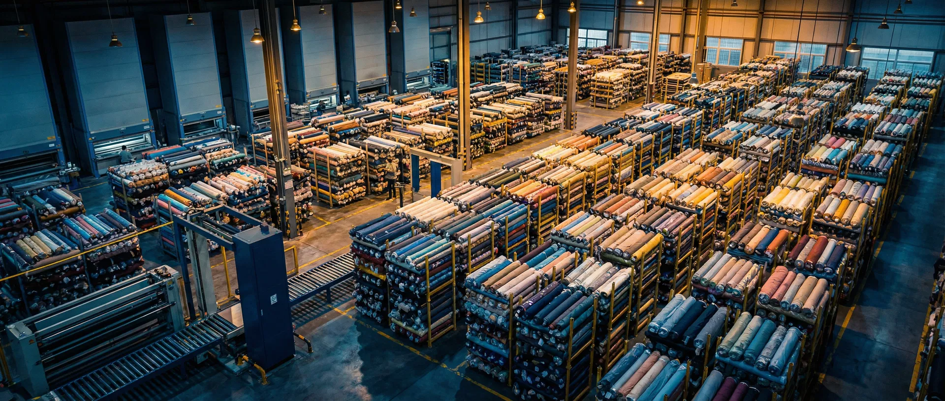 Textile warehouse with colorful fabric rolls