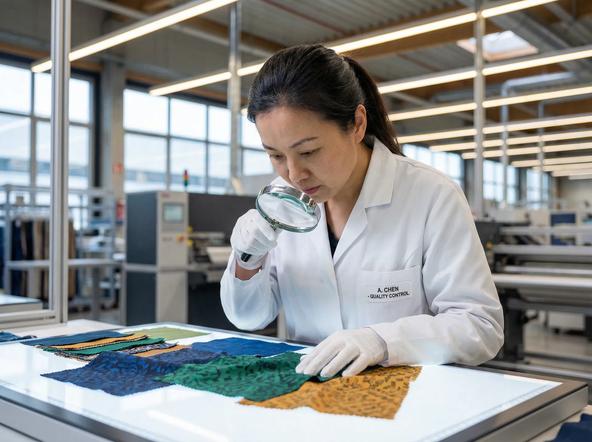 Quality control inspector examining fabric samples