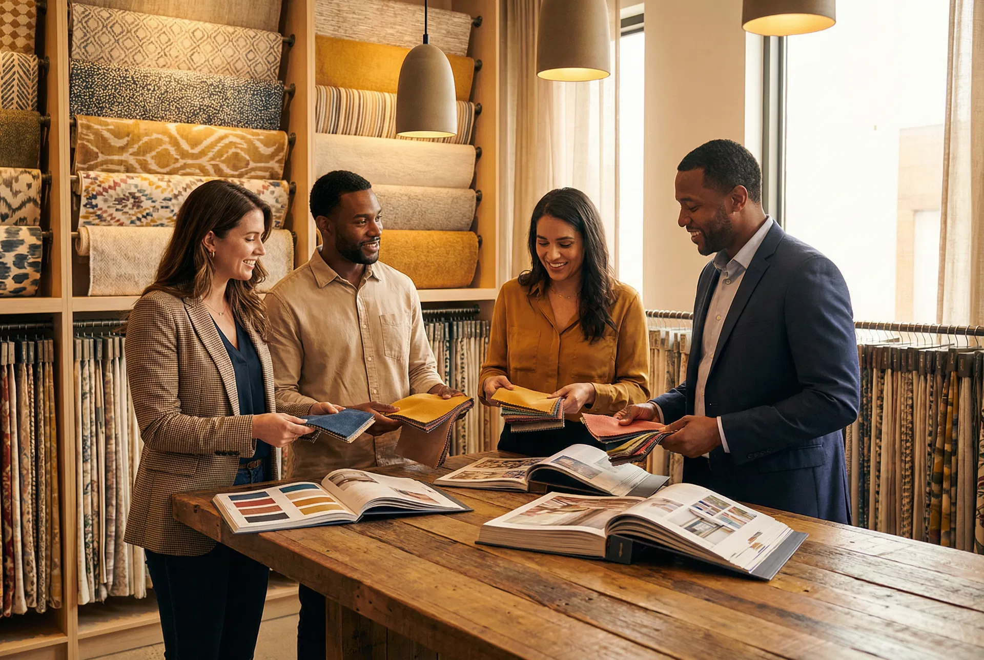 Sourcing team examining fabric samples in showroom