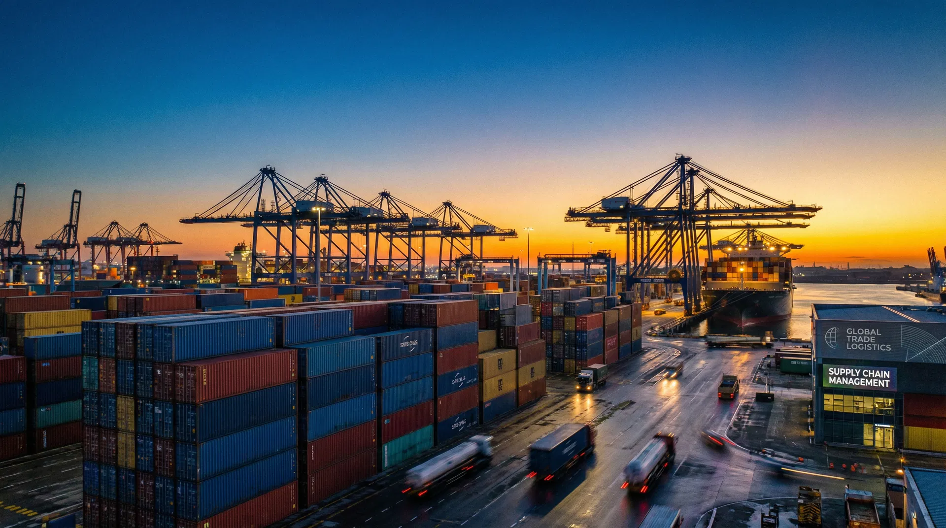 Shipping port with containers at dusk