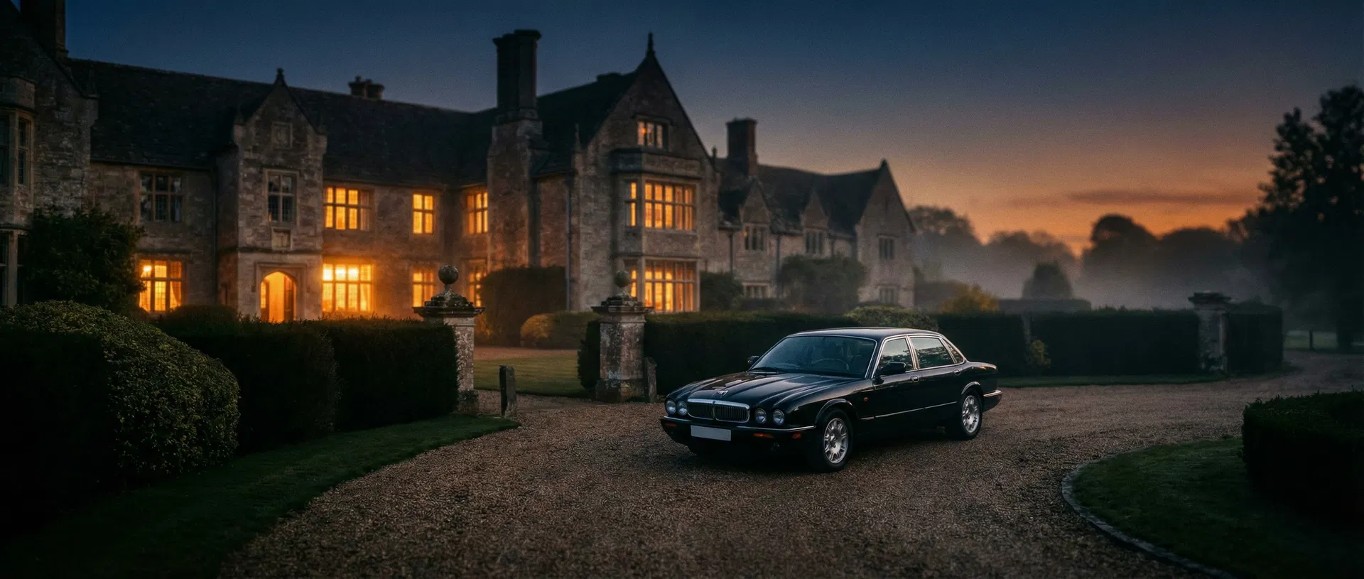 Luxury estate at dusk with premium vehicle — Black Key London security and lifestyle services