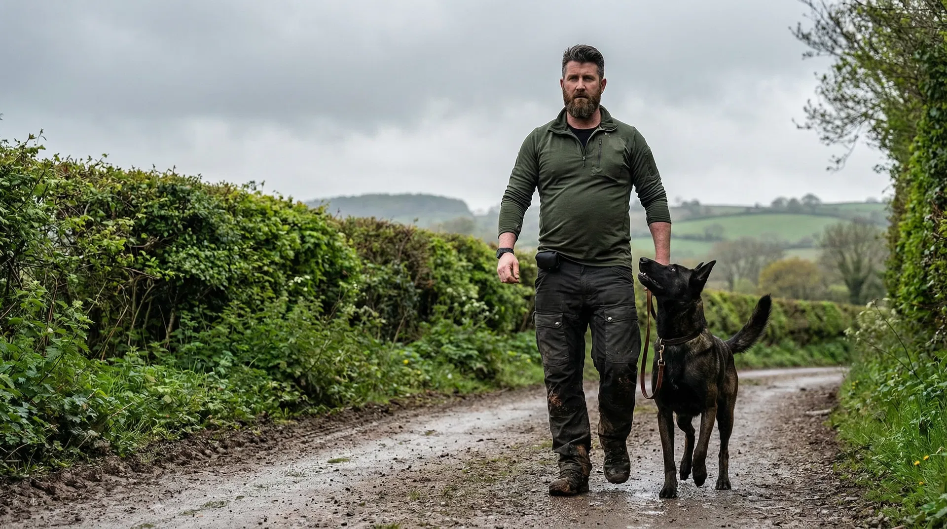 Dog training session in Devon, handler working with a working-breed dog on obedience exercises