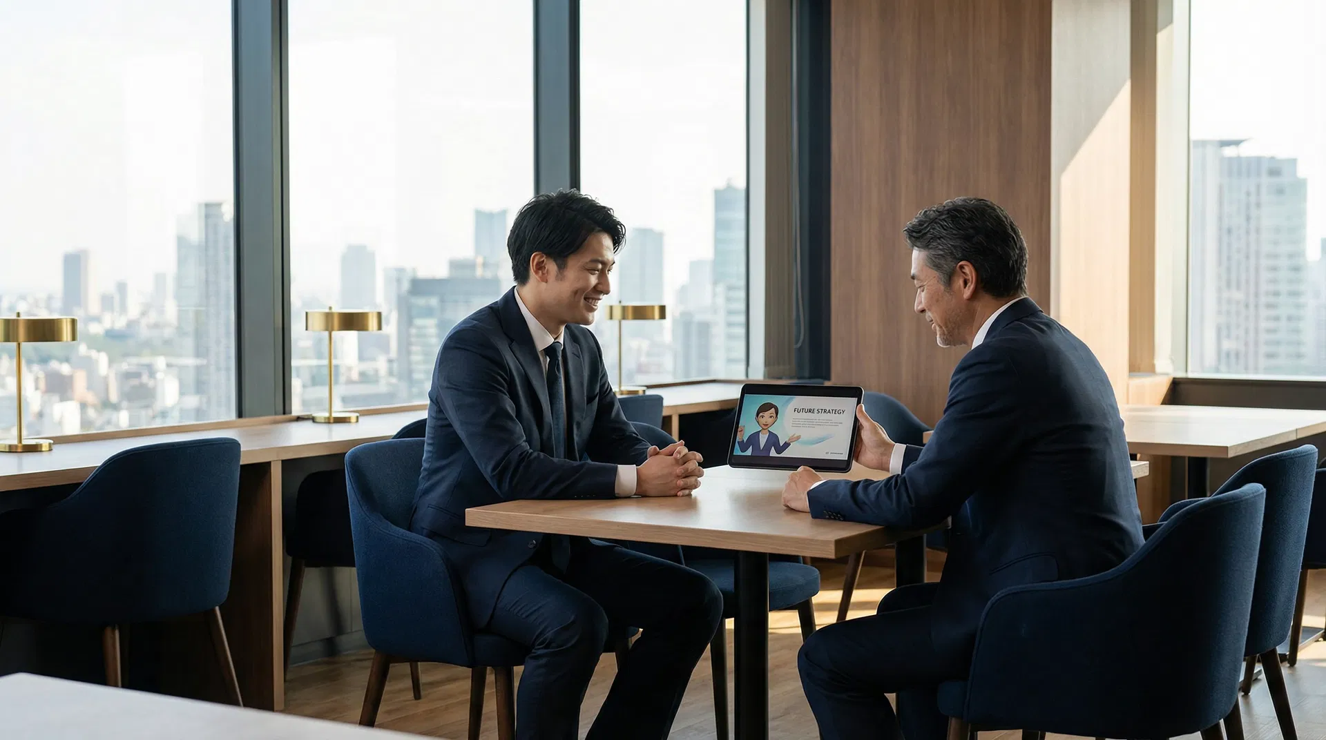 商談でAIアバター動画を見せるビジネスシーン