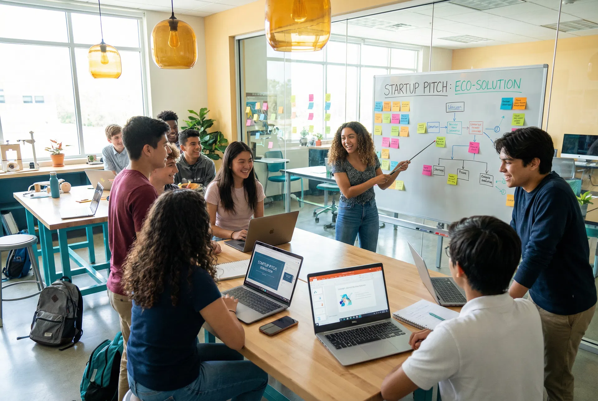 Students presenting startup pitch in innovation classroom