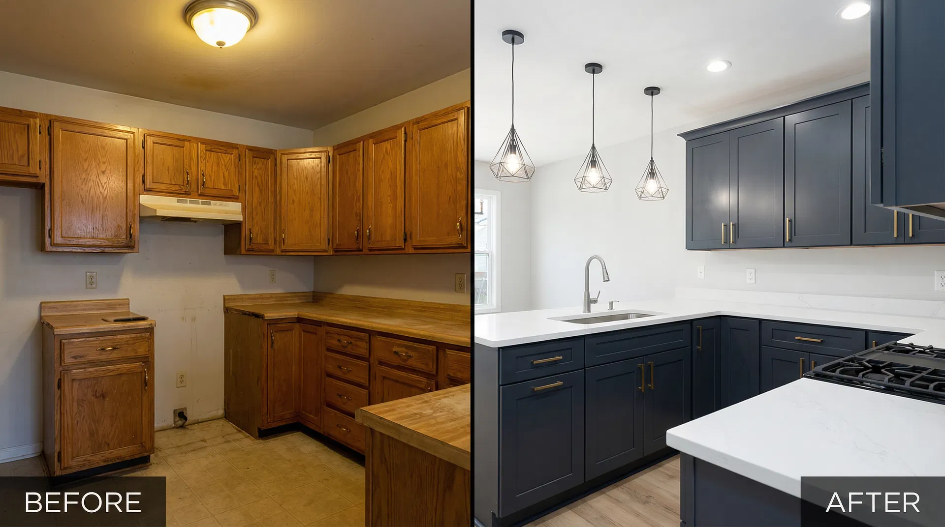Before and after cabinet refinishing transformation