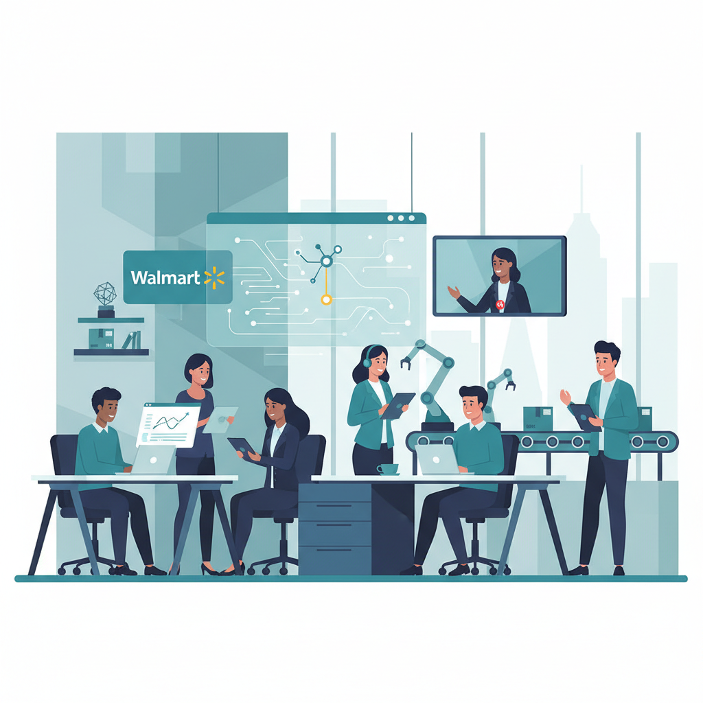 Modern office setting with Walmart suppliers using technology