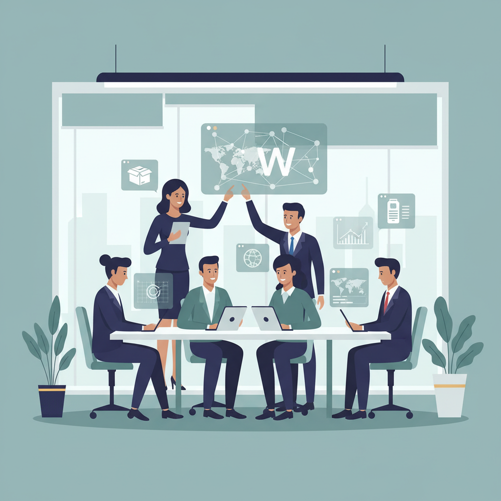 Modern office setting with Walmart suppliers using technology