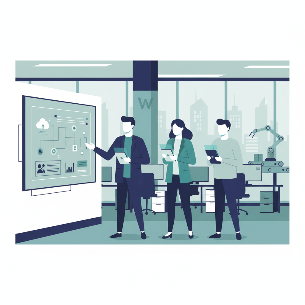 Modern office setting with Walmart suppliers using technology