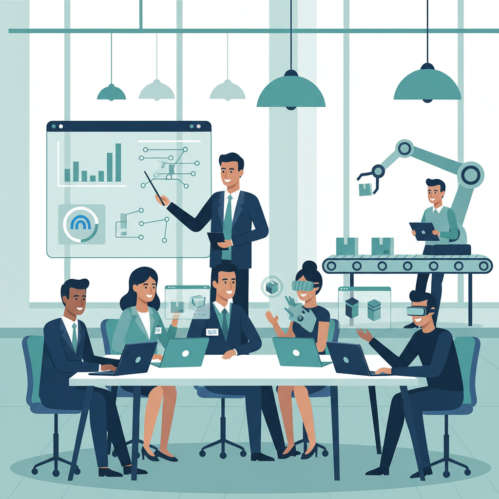 Modern office setting with Walmart suppliers using technology