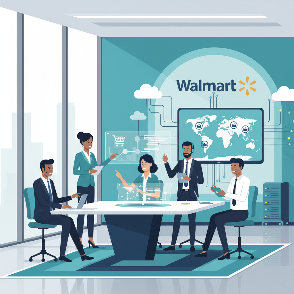 Modern office setting with Walmart suppliers using technology