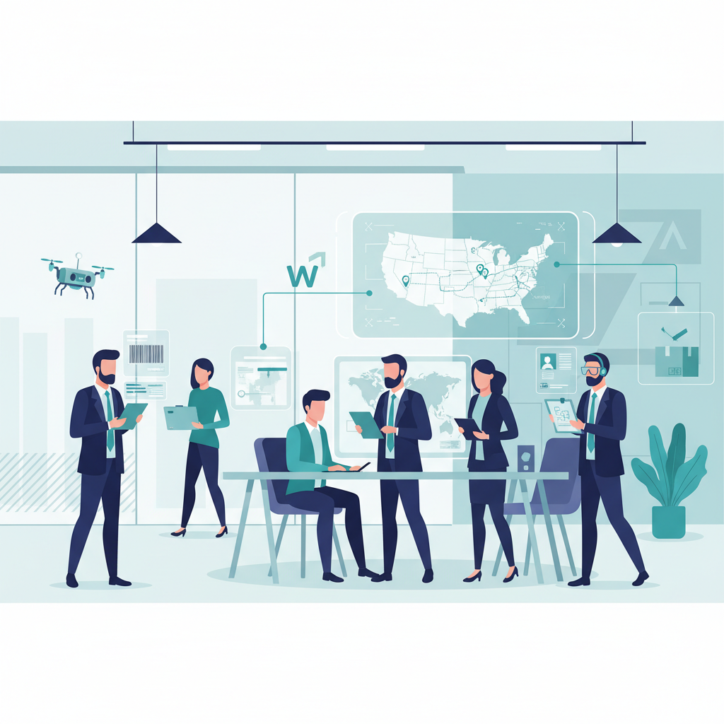 Modern office setting with Walmart suppliers using technology