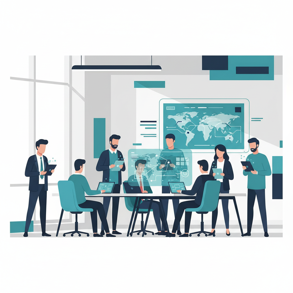 Modern office setting with Walmart suppliers using technology