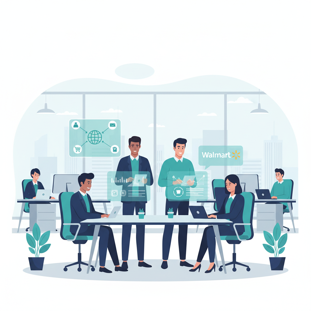 Modern office setting with Walmart suppliers using technology