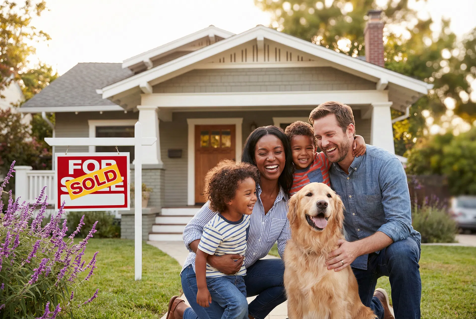 Happy family in front of their new home