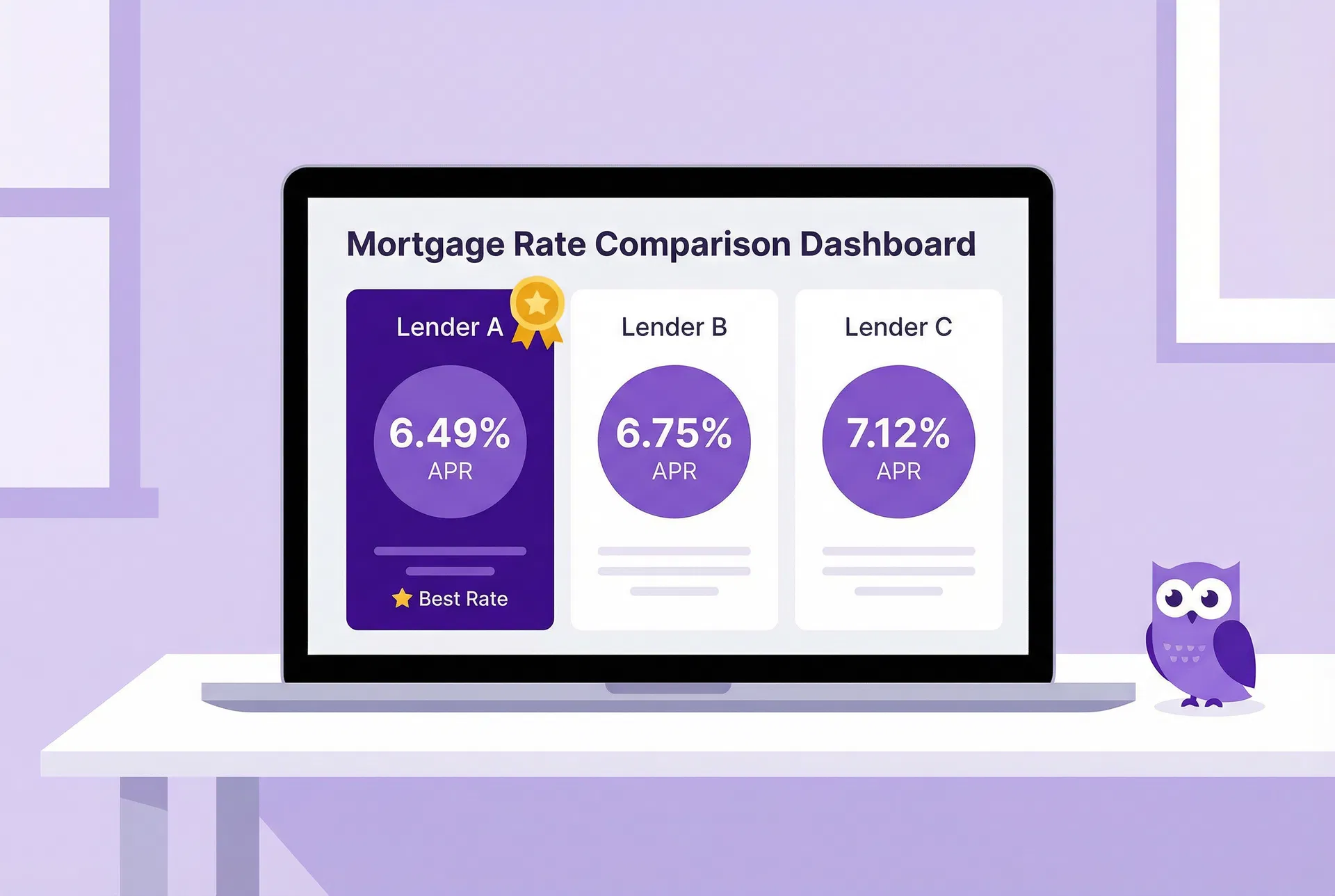 Mortgage rate comparison dashboard with purple owl mascot