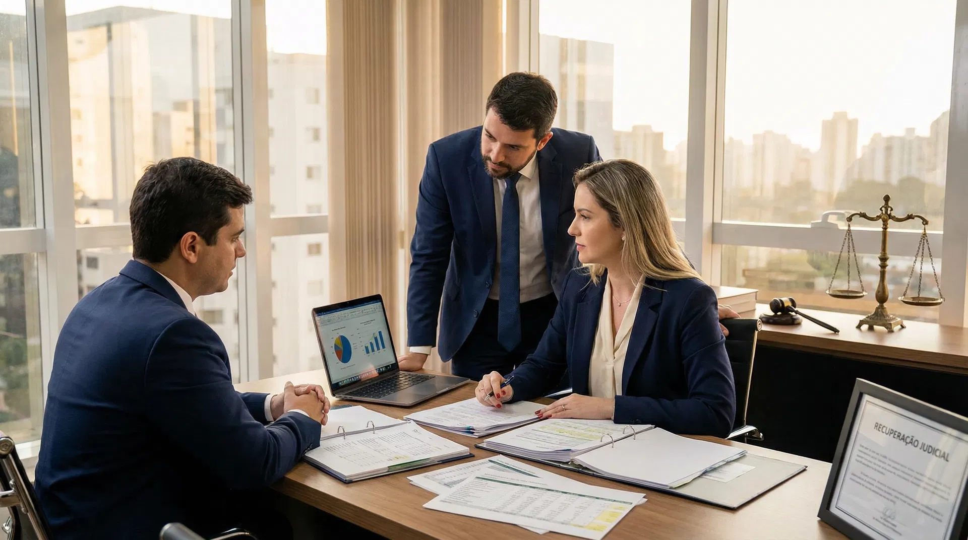 Conceito de recuperação judicial: empresário analisando documentos legais em escritório