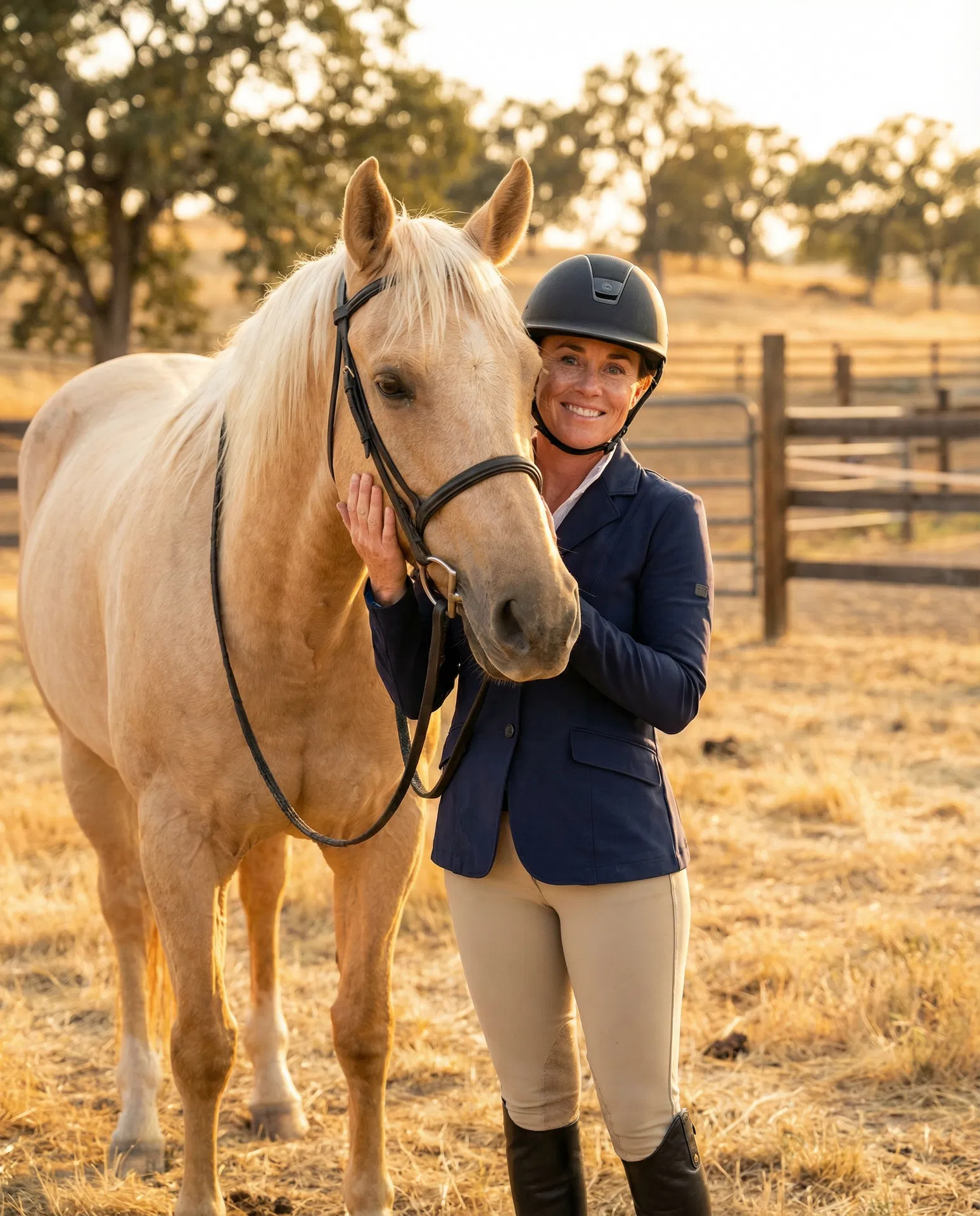 Shasta Vickers with her palomino horse in the California hills