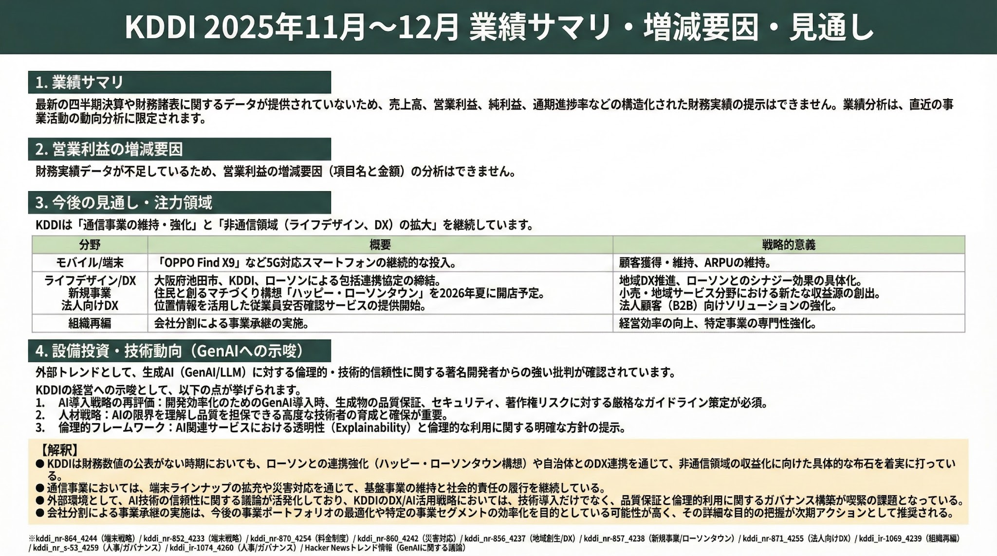 KDDI 2025年11月〜12月 業績サマリ・増減要因・見通し