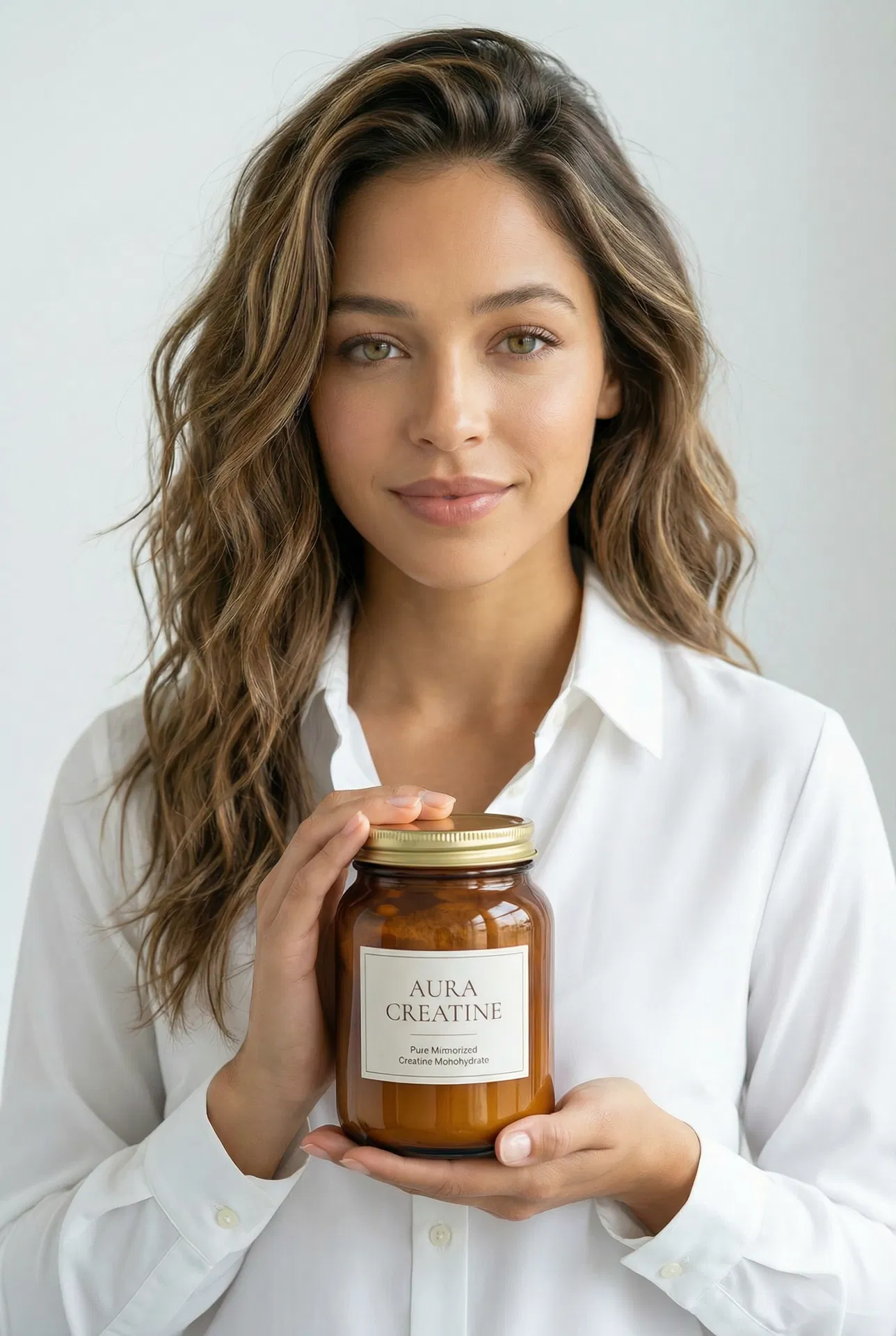 Kristina with Aura Creatine amber glass jar