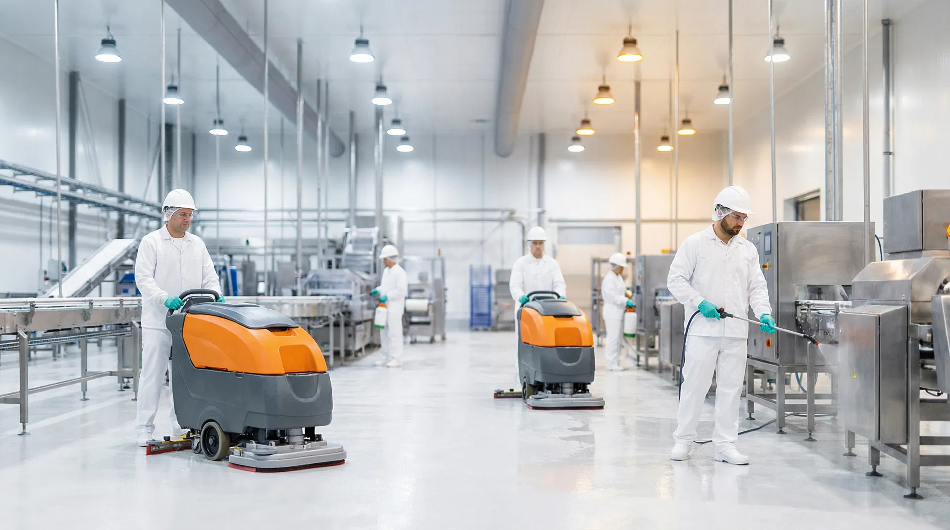 Professional sanitation team at work in industrial facility