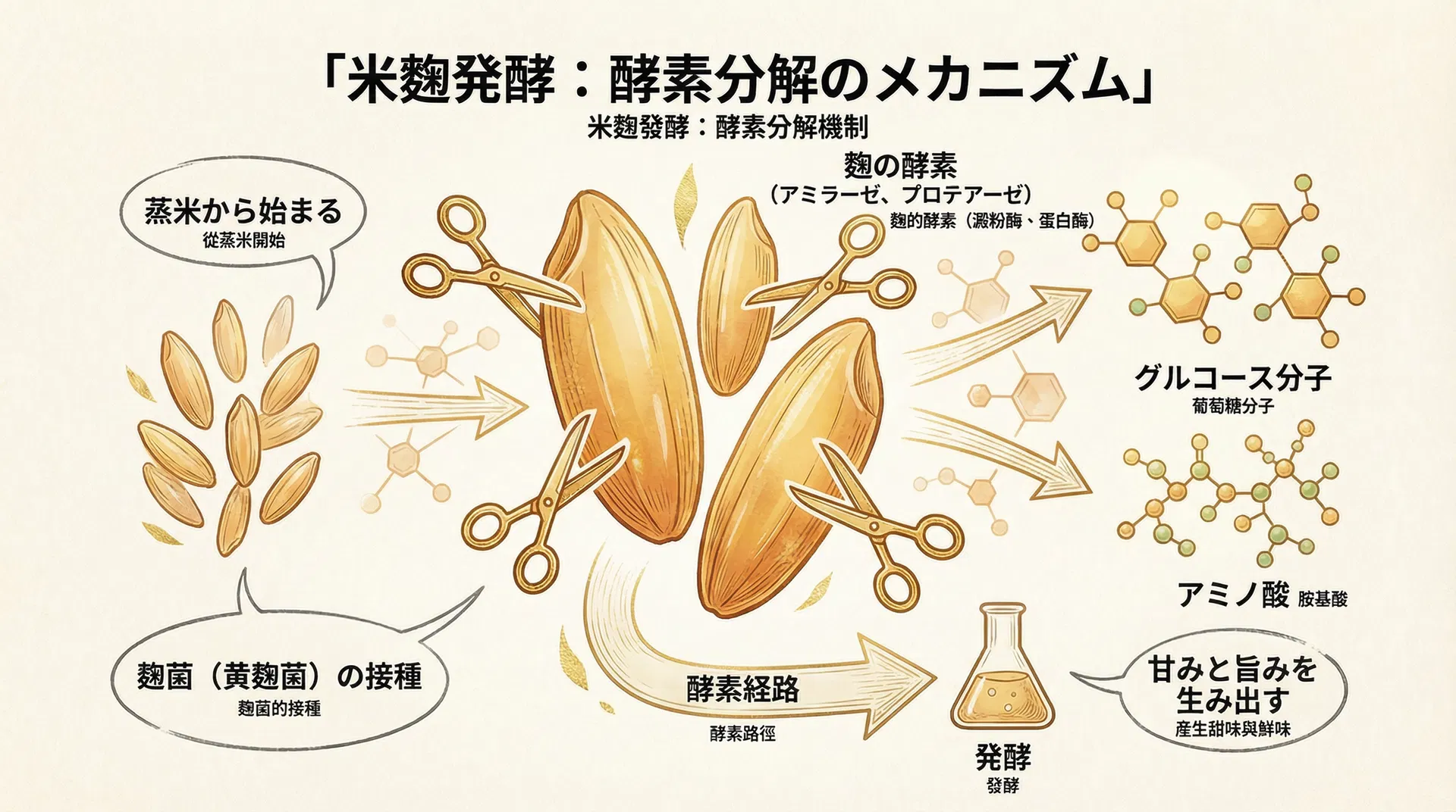米麴發酵酵素作用原理示意圖