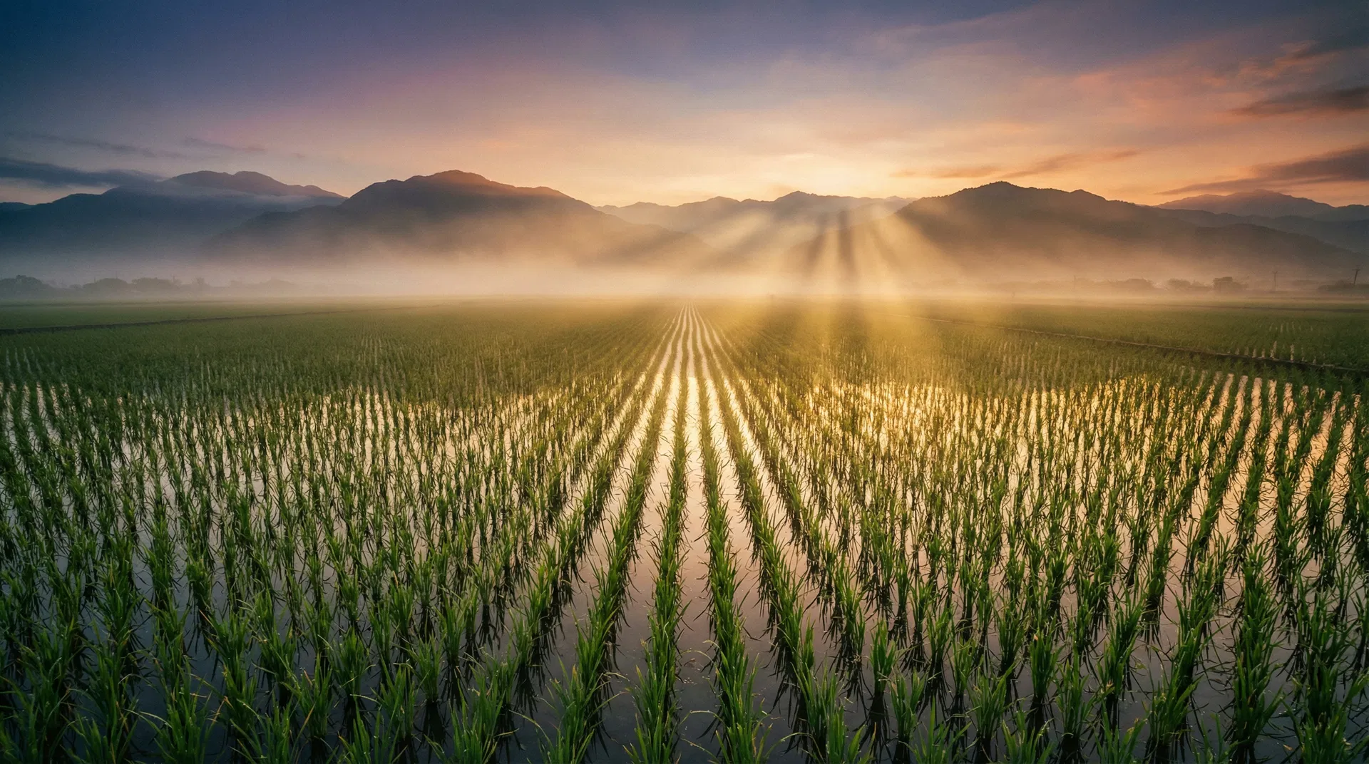 清晨陽光灑在壯圍稻田上的神聖微光