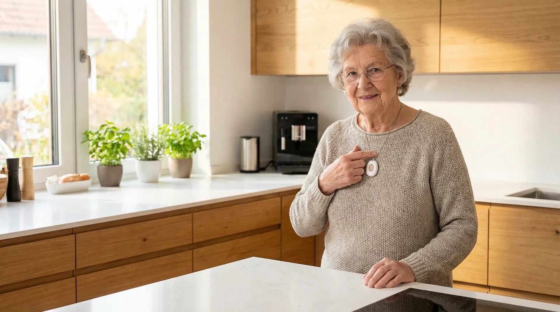 Ältere Frau mit Hausnotruf-Gerät in moderner Küche