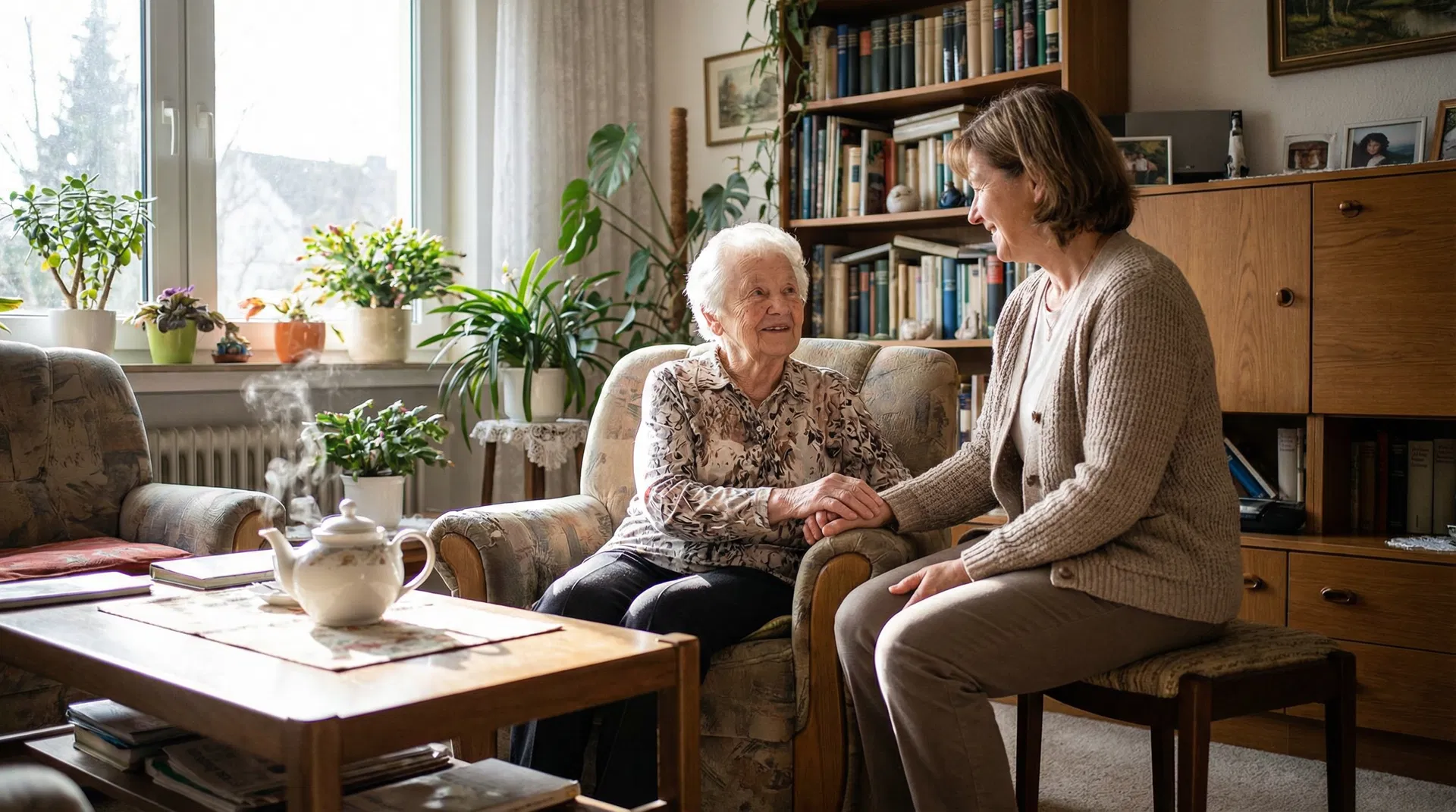 Pflegerin und ältere Frau im Gespräch – häusliche Pflege in Deutschland