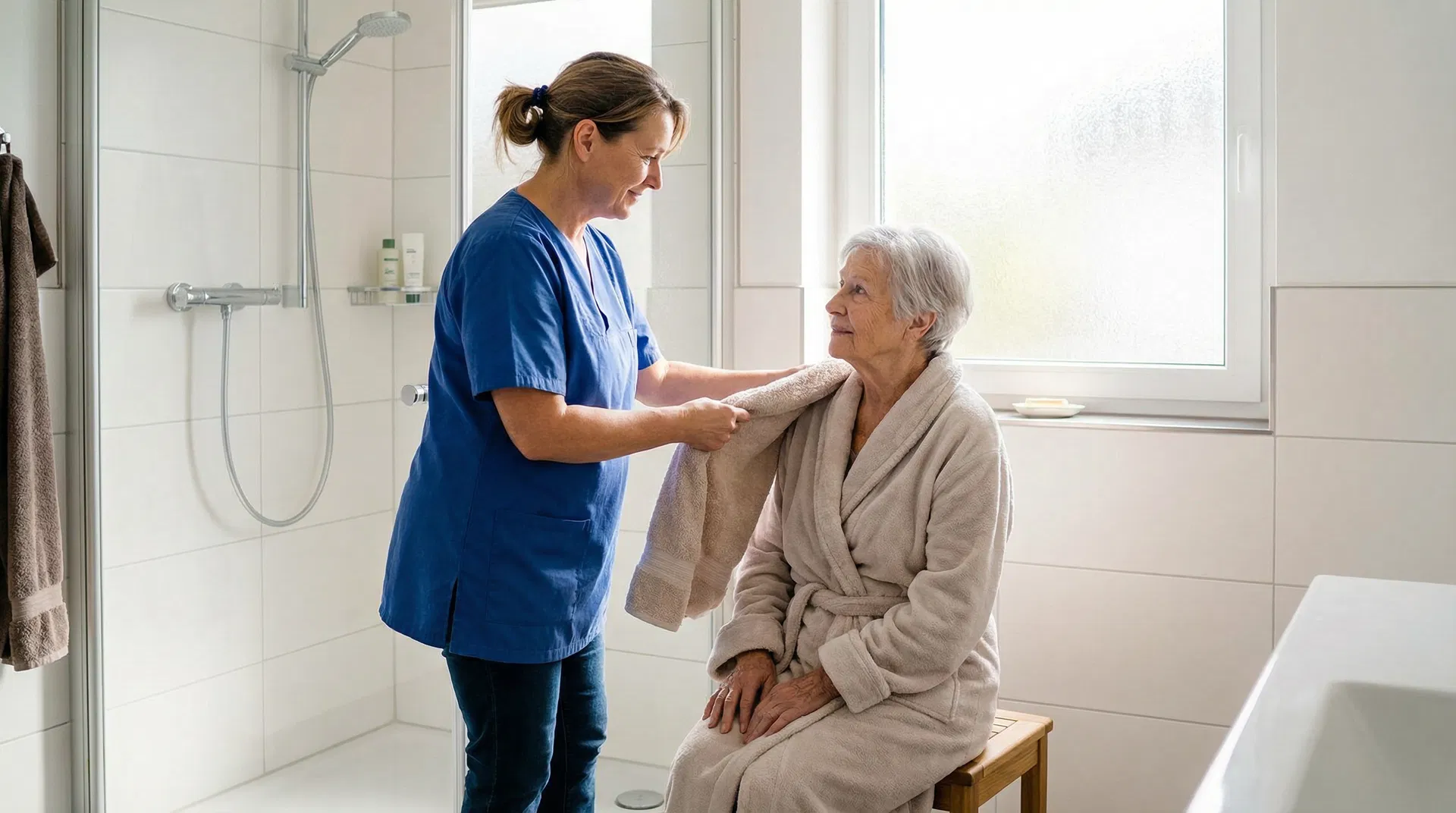 Pflegerin unterstützt ältere Frau bei der Körperpflege