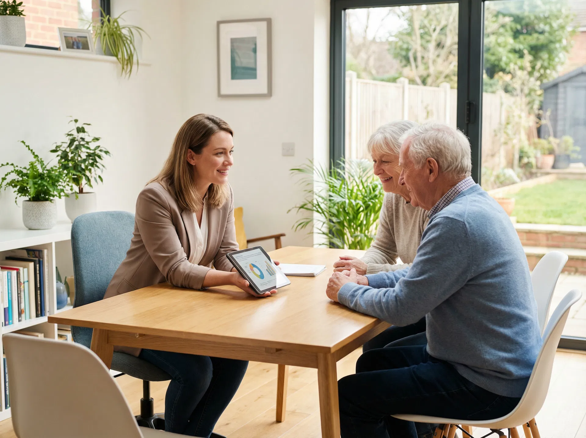 Pflegeberatung – Beraterin erklärt Pflegeleistungen an älteres Ehepaar