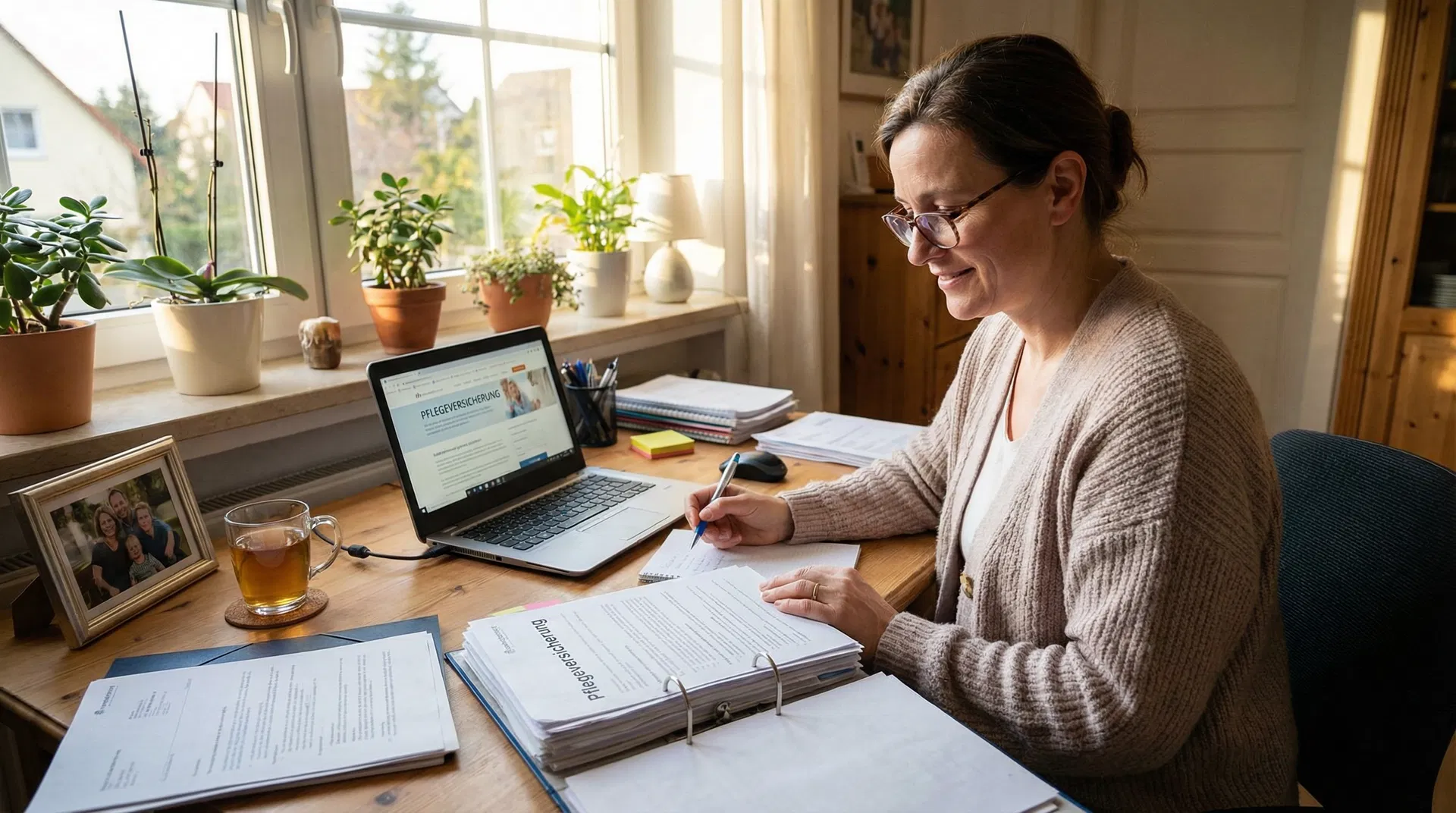 Anghörige informiert sich über Pflegeleistungen am Laptop