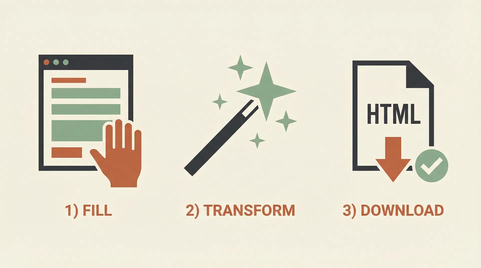 Fill in your details, transform, download HTML