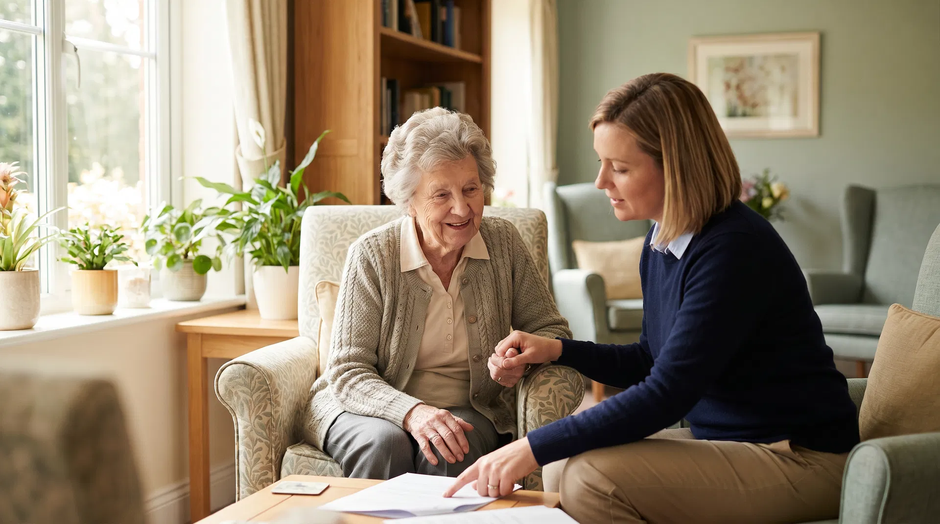 Elderly woman and family member reviewing care home funding documents
