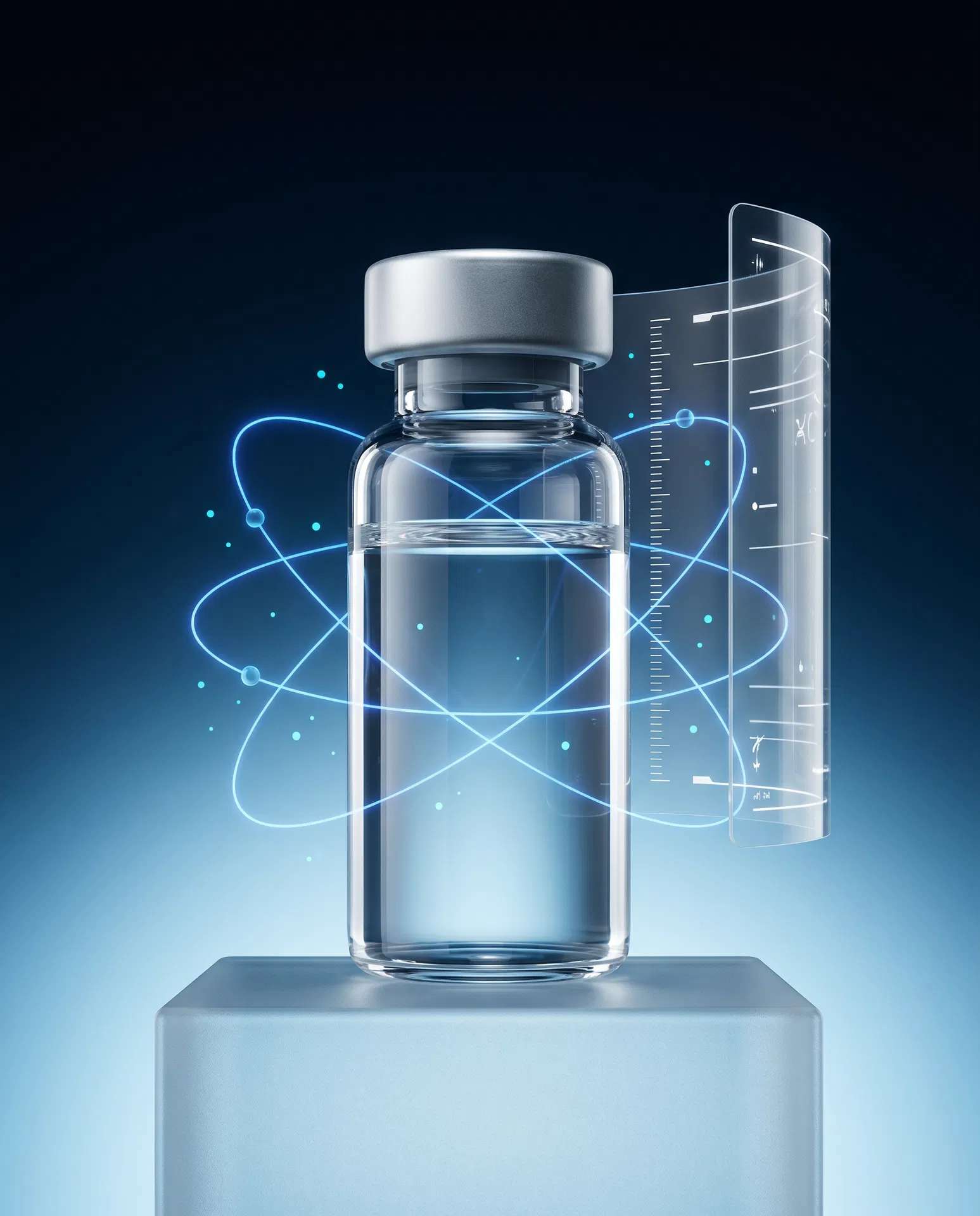 Premium peptide vial with molecular visualization