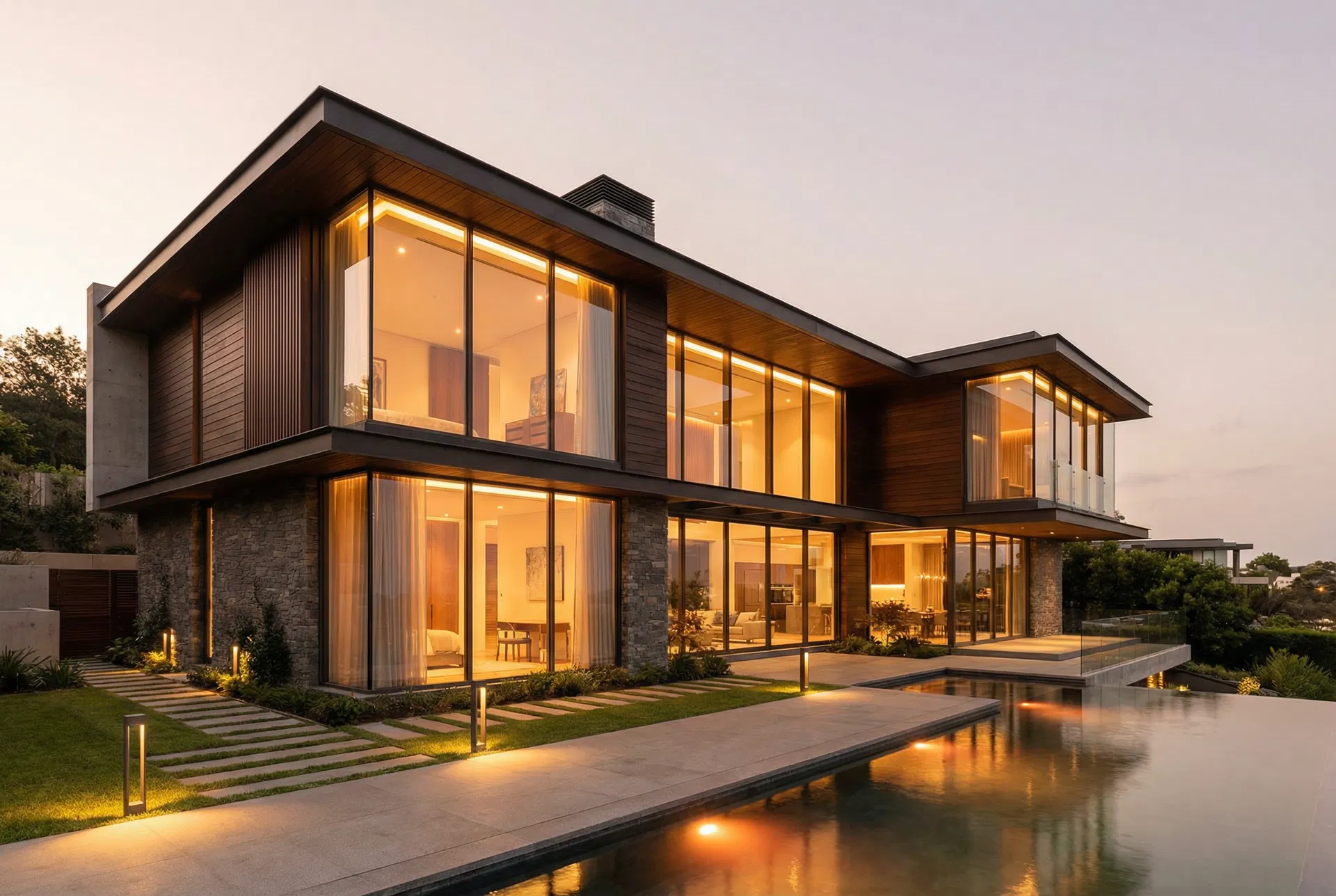 Modern home at dusk
