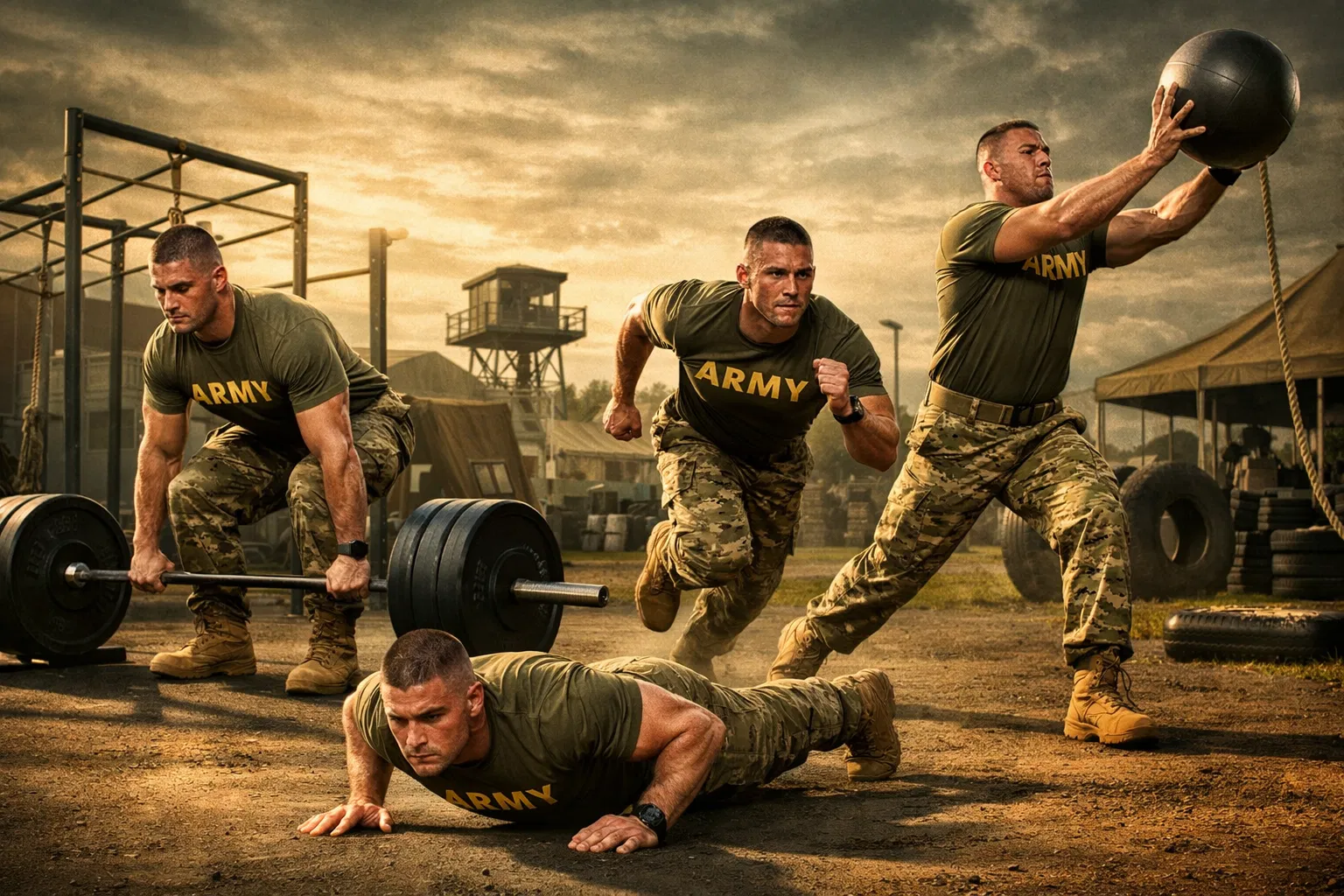 Soldiers performing ACFT exercises in military training facility