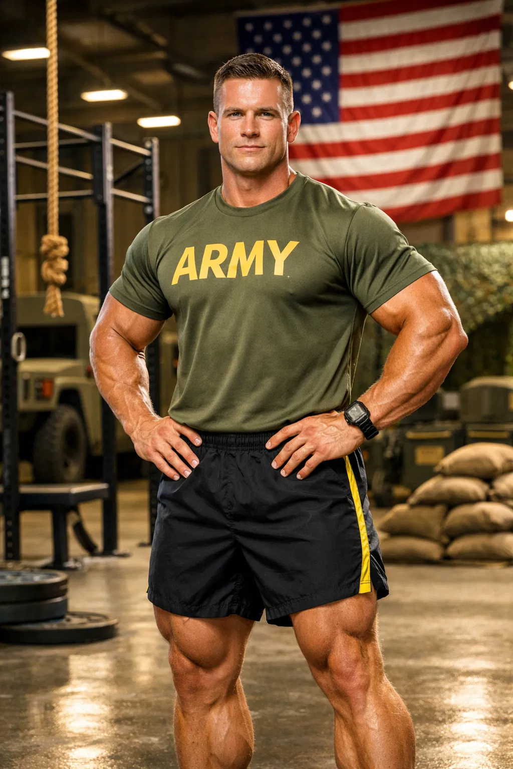 Fit soldier in military PT uniform demonstrating peak physical fitness