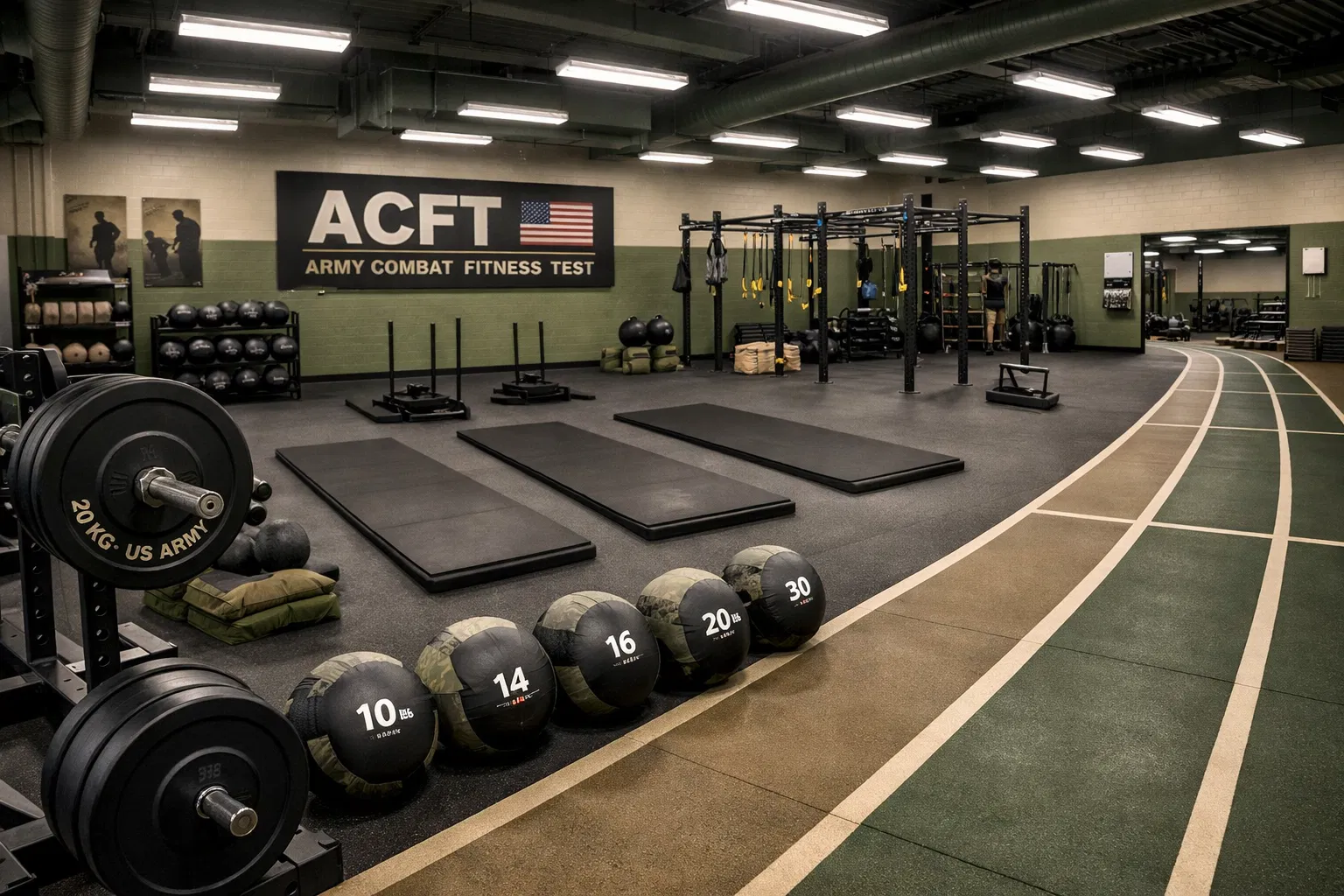 Professional military training facility with ACFT equipment and running track
