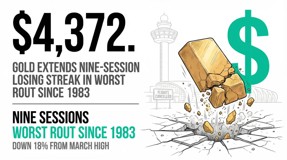 Gold Extends Nine-Session Losing Streak to $4,372 as Physical Supply Lines Fracture