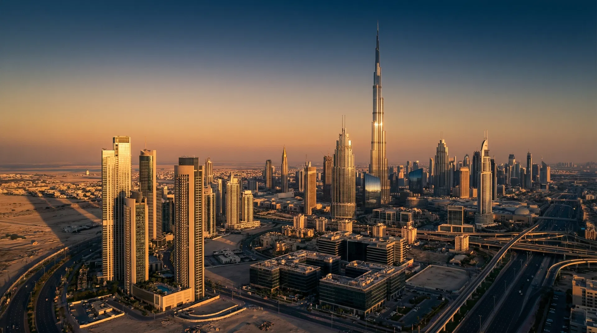 Dubai skyline at golden hour