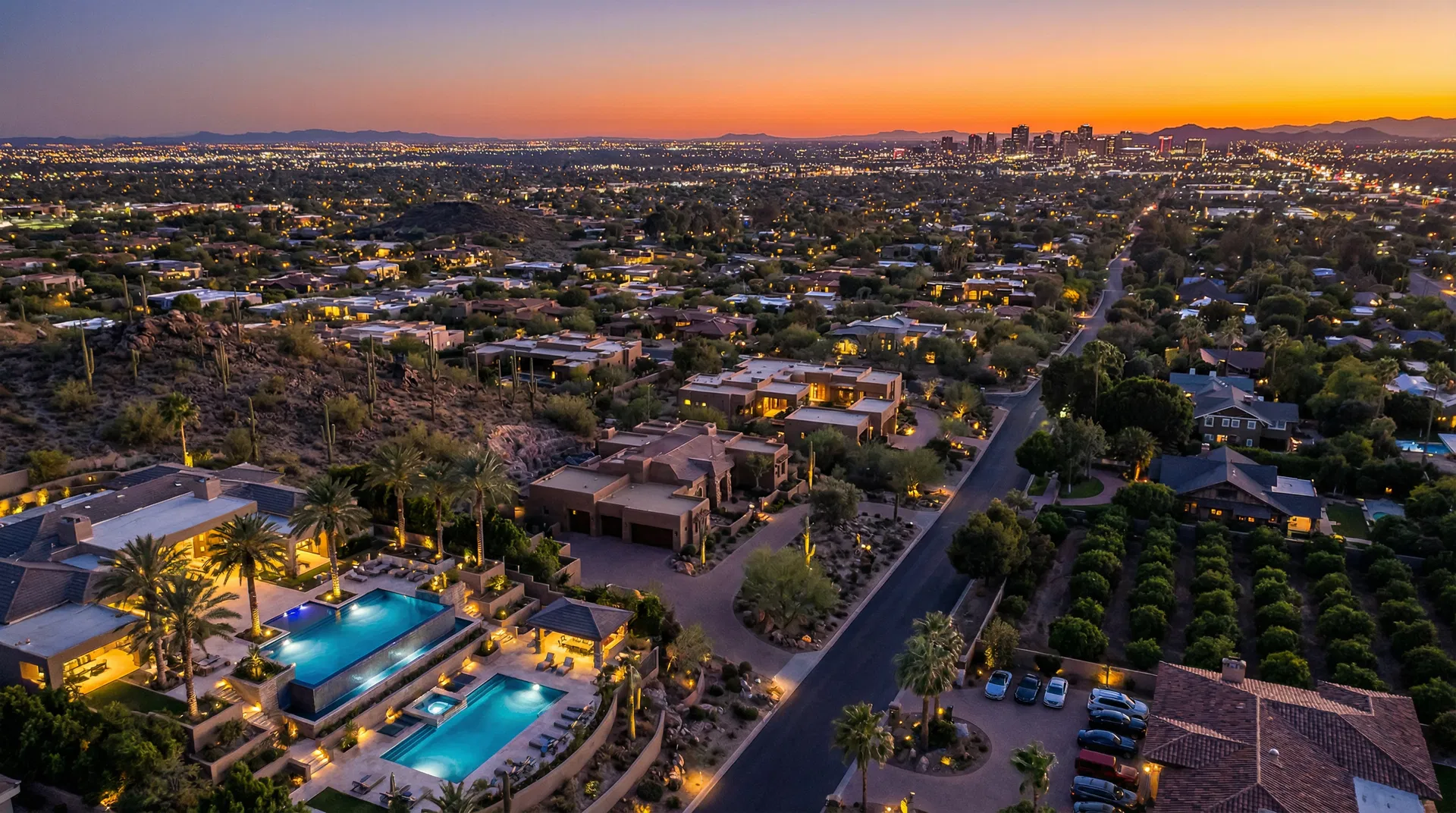 Best luxury neighborhoods in Phoenix Metro — aerial twilight view of Paradise Valley and Scottsdale estates