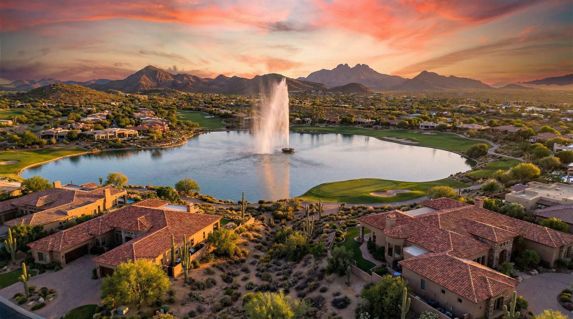 Aerial view of Fountain Hills Arizona with iconic fountain, lake, luxury homes and McDowell Mountains at sunset