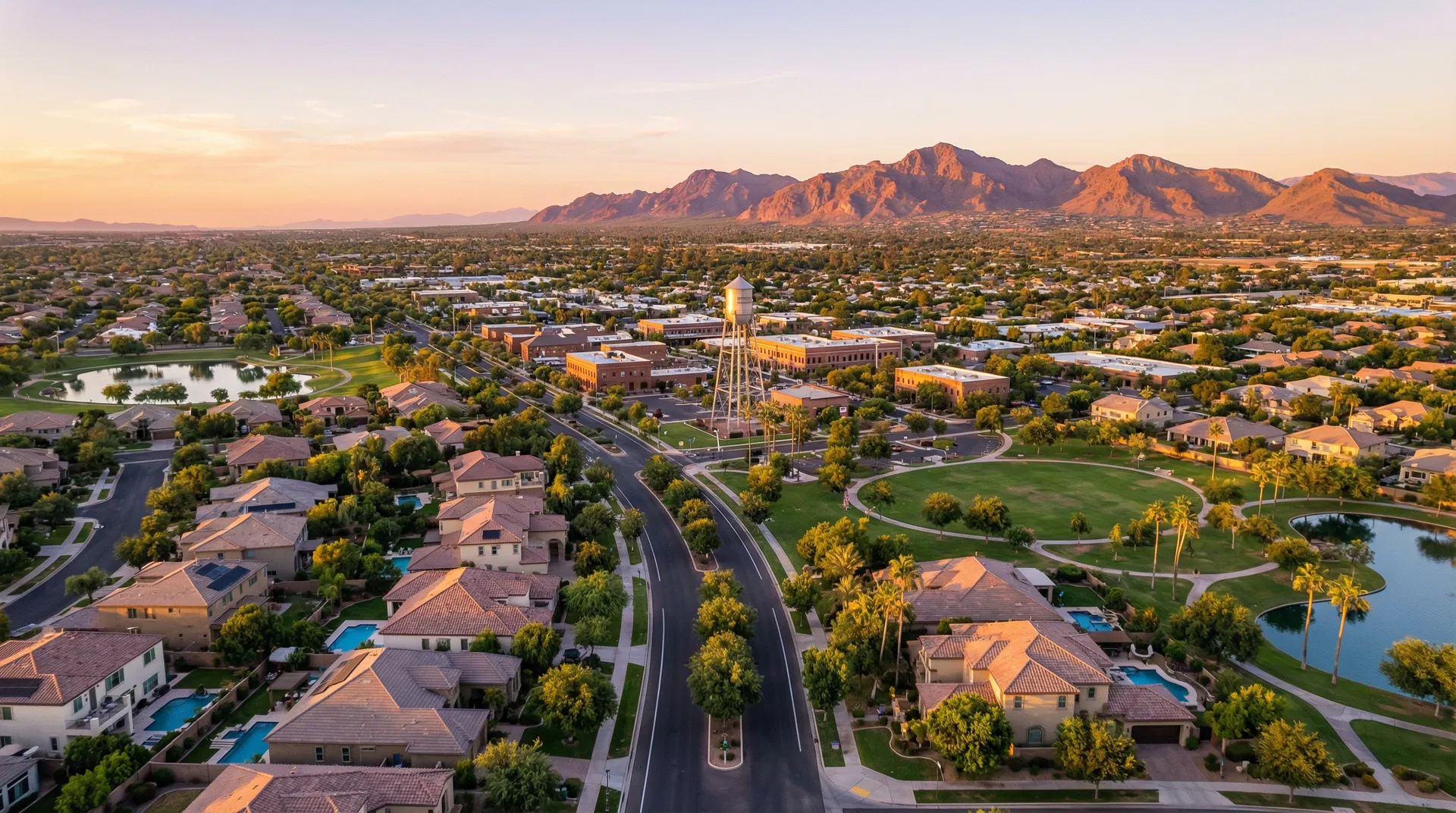 Gilbert Arizona Heritage District at sunset with San Tan Mountains
