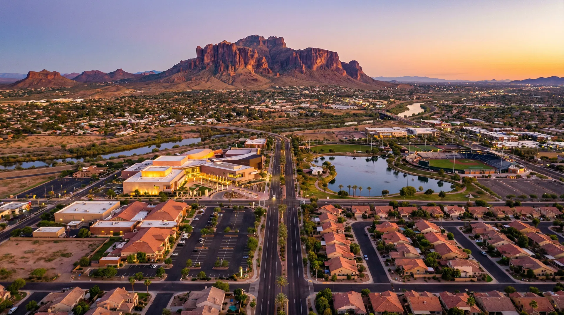 Mesa Arizona aerial view with Superstition Mountains at dusk