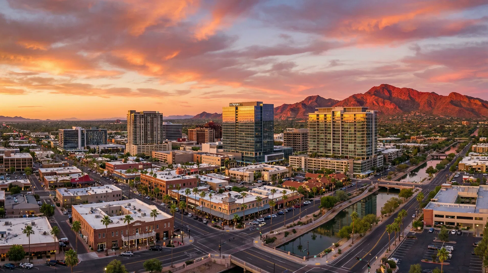 Scottsdale Arizona luxury real estate skyline at sunset with McDowell Mountains