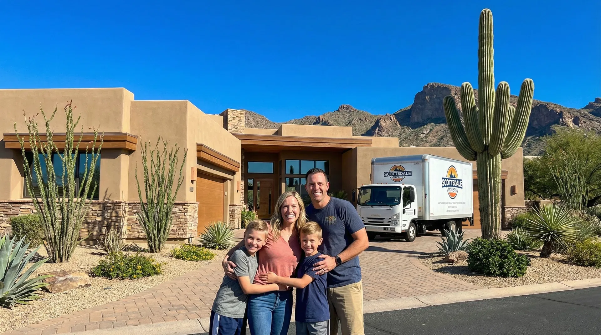 Family arriving at their new Scottsdale Arizona home with McDowell Mountains in background