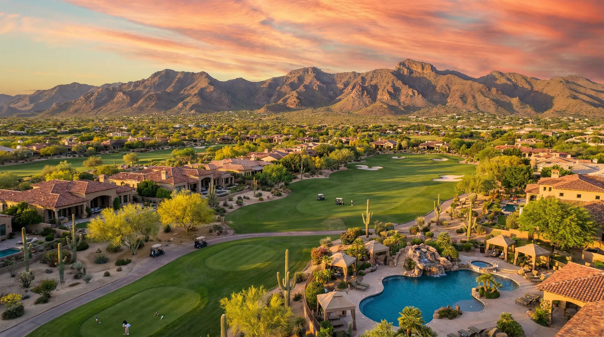 Aerial view of Scottsdale luxury golf community with McDowell Mountains at sunset