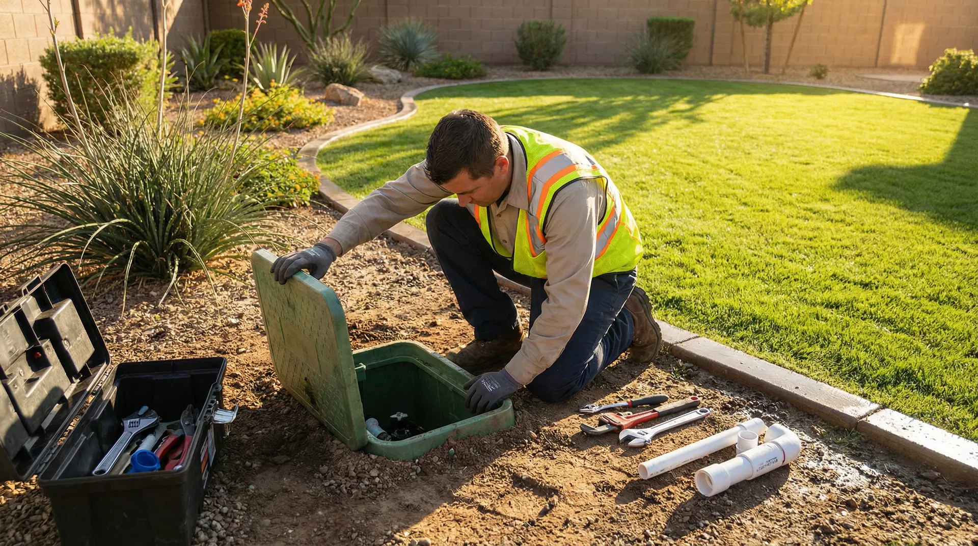 Emergency irrigation repair service in Phoenix fixing major sprinkler system leak with same-day response