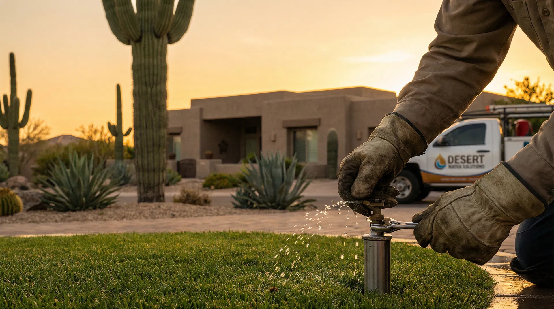 Professional sprinkler repair service in Phoenix showing technician fixing residential irrigation system
