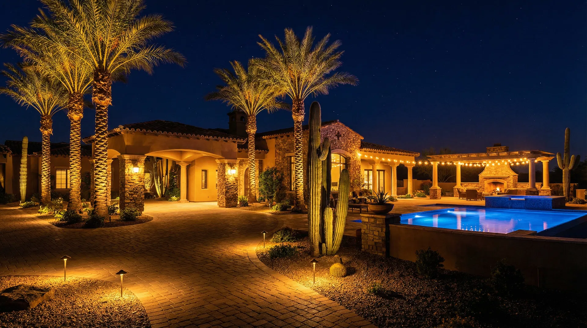 Luxury Arizona estate with professional landscape lighting at night